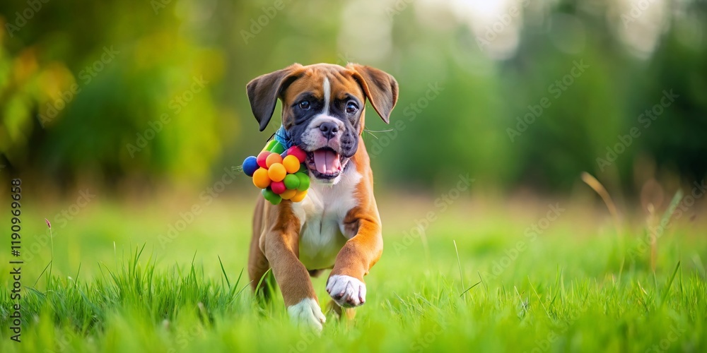 Obraz premium Playful Boxer Puppy Running with Toy in Grass - Adorable Dog Stock Photo