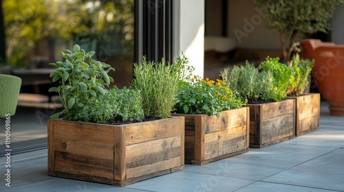 Herb garden in wooden planters on a sunny balcony filled with greenery