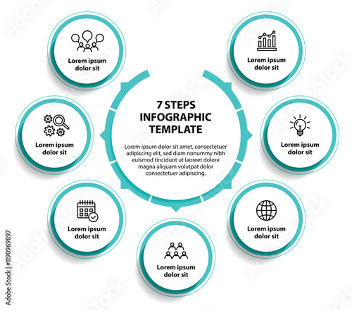 7 steps infographic template with 7 options. Flowchart that can be used for business report, data visualization and presentation. Timeline infographic elements vector illustration.