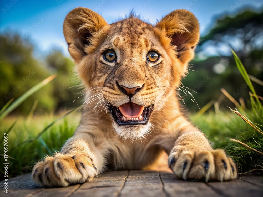Fototapeta premium Playful Lion Cub Ready to Pounce: Candid Wildlife Photo