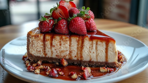 Delicious cheesecake with strawberries and chocolate sauce on a wooden table