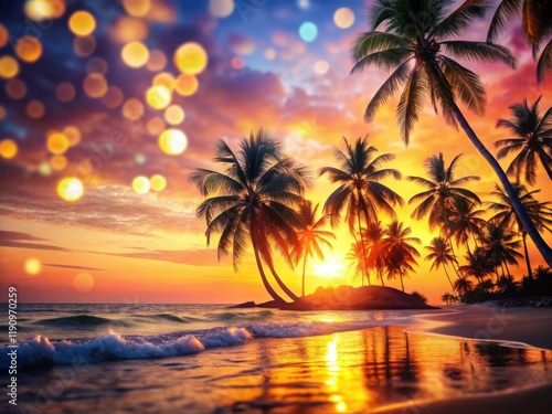 Palm trees silhouette against a vibrant sunset, bokeh blurring the idyllic beach paradise.