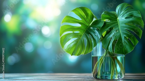 Large leafy green plants in a glass vase against a light green background