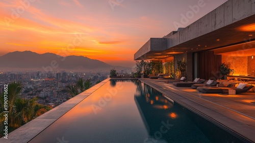 Luxury villa with infinity pool overlooking city skyline at sunset