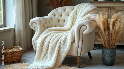 Cozy interior with a plush white blanket draped over an elegant armchair and ...