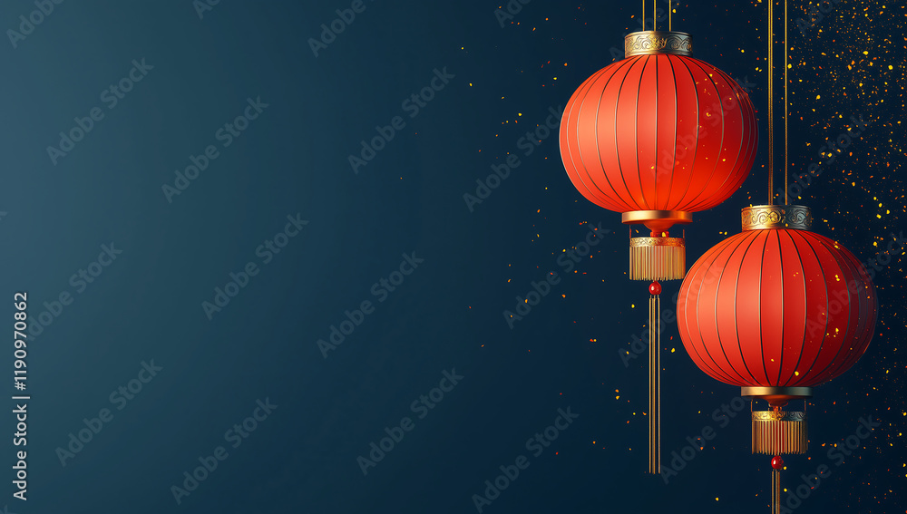Red Chinese lanterns glowing brightly against a dark blue background with festive golden sparkles for Chinese New Year Red Chinese lanterns glowing brightly against a dark blue background with festive golden sparkles for Chinese New Year