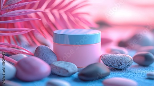 Natural skincare product displayed among stones and plants in a serene indoor...