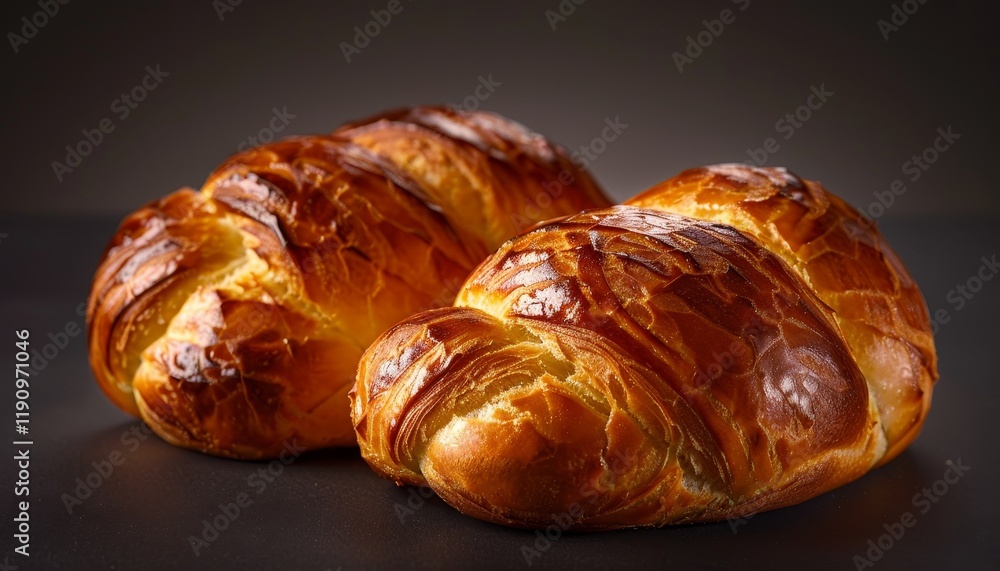 Two freshly baked croissants with a golden brown crust, shot on a dark grey background. Two freshly baked croissants with a golden brown crust, shot on a dark grey background.
