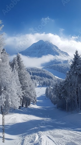 Snow-covered landscape with a majestic mountain under a clear blue sky in winter