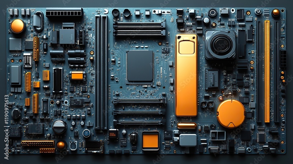 Smartphone processor and parts arranged on a motherboard for a detailed digital repair illustration Smartphone processor and parts arranged on a motherboard for a detailed digital repair illustration