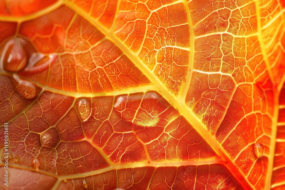 Obraz premium Close-up of vibrant orange leaves with droplets, showcasing nature's intricate textures and colors.