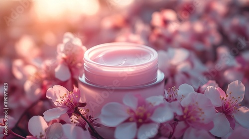 Delicate pink cream jar surrounded by cherry blossoms in a soft, serene setting