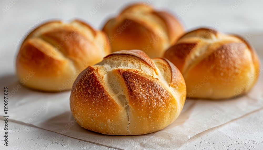 Four freshly baked sourdough bread rolls on parchment paper. Four freshly baked sourdough bread rolls on parchment paper.