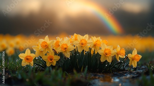 Daffodils bloom under a vibrant sunset with a rainbow in the background of a ...