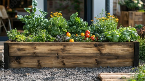 Freshly harvested vegetables and fruits in a wooden planter box at a home gar...