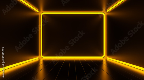 An empty room with a futuristic and dark design decorated with yellow neon.