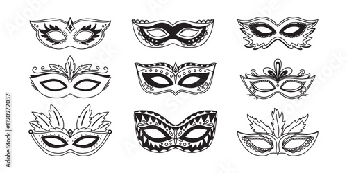 Black masquerade masks, for party, parade and carnival, for Mardi Gras and Halloween. Set of carnival masks silhouettes. Mardi Gras eye mask elements can be used as isolated sign, symbol or icon.