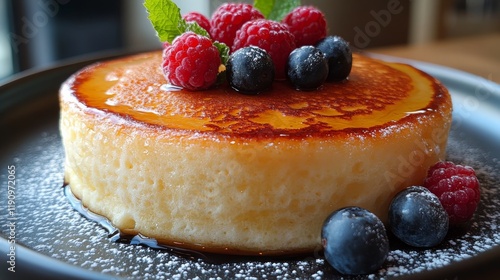 Flan dessert topped with fresh raspberries and blueberries served on a black ...