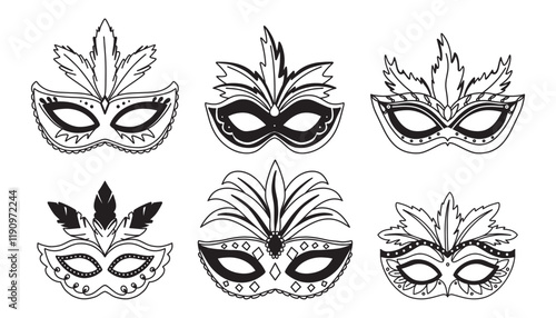 Simple black icons of masquerade masks with feathers, for party, parade and carnival, for Mardi Gras and Halloween. Set of carnival masks silhouettes. Eye mask can be used as isolated sign or symbol
