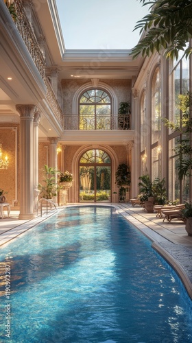 Elegant indoor swimming pool with large windows in a luxurious mansion during...