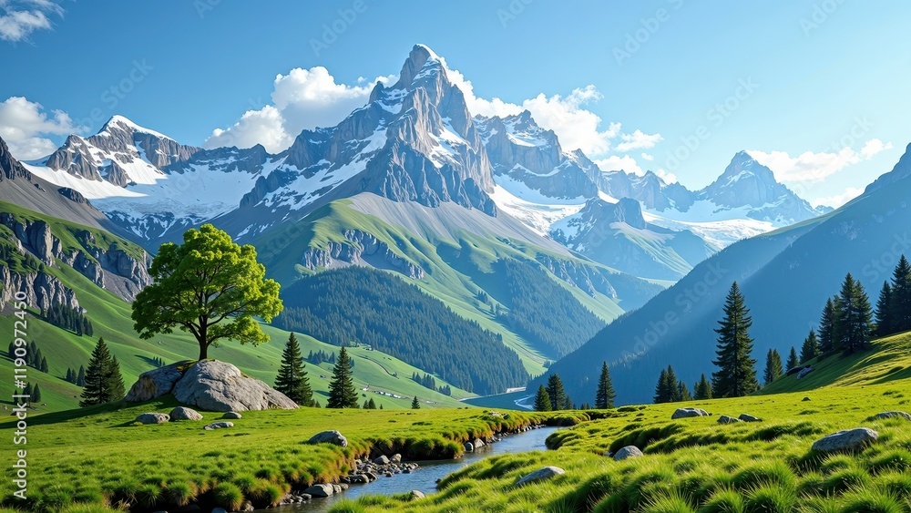 A serene snowy mountain range under a pastel blue sky dotted with fluffy clouds. A bubbling stream meanders through the lush foreground landscape A serene snowy mountain range under a pastel blue sky dotted with fluffy clouds. A bubbling stream meanders through the lush foreground landscape