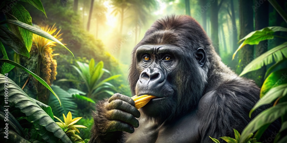 Fototapeta premium Powerful Gorilla Eating Banana: Double Exposure Wildlife Stock Photo