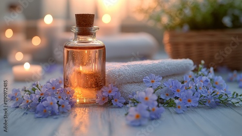 Amber glass bottle with dropper on marble counter in a spa or wellness center...