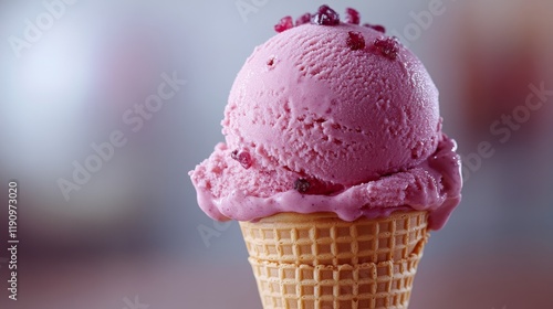 Delicious ice cream cone with whipped cream and chocolate toppings surrounded...