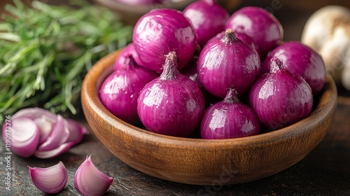 Fresh purple onions arranged in a wooden bowl with herbs on a rustic kitchen ...