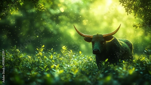 Green and Gold Taurus Logo in a Nature Setting. Generative AI photo