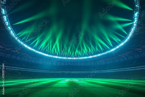 Spectacular green lighting illuminates stadium during an event at night