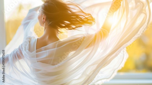 Woman gracefully dancing with flowing fabric in a serene studio, symbolizing emotional release and healing through movement therapy. Dance therapy session concept.