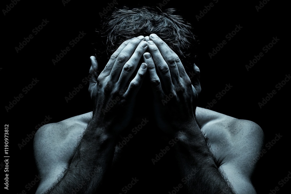 Man in despair, head in hands, black background, symbolizes emotional pain and mental health struggles, ample text space available. Man in despair, head in hands, black background, symbolizes emotional pain and mental health struggles, ample text space available.