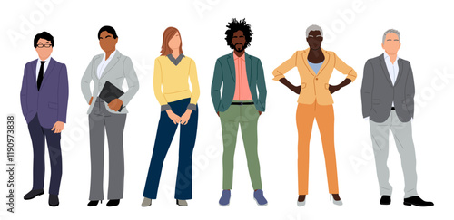 Business people different races, ethnicity and ages standing full length in formal and casual office clothes. Business diversity concept. Men and woman cartoon characters vector illustrations isolated