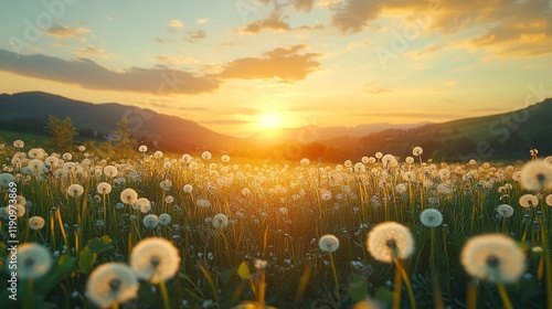 Colorful wildflowers blooming in a field during sunset