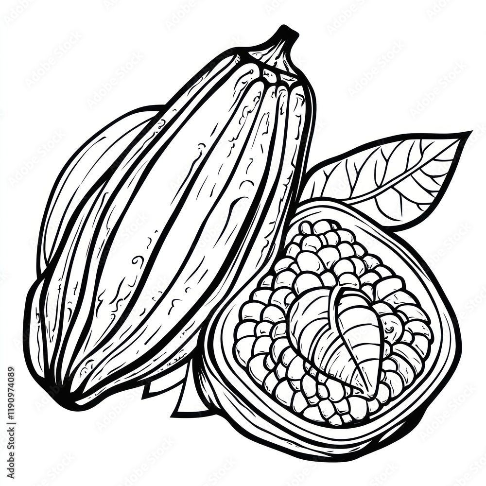Fototapeta premium Tropical cacao pod illustration, halved, showing seeds; leaves; white background; food packaging