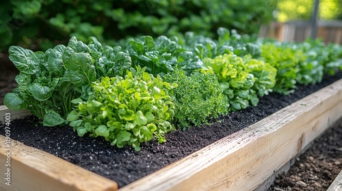 Home vegetable garden with healthy greens in raised beds during sunny weather