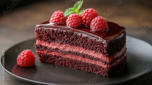 Delightful chocolate raspberry cake served on a black plate garnished with fr...