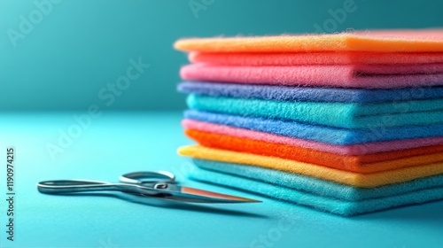 Brightly colored felt sheets stacked beside scissors on a turquoise background