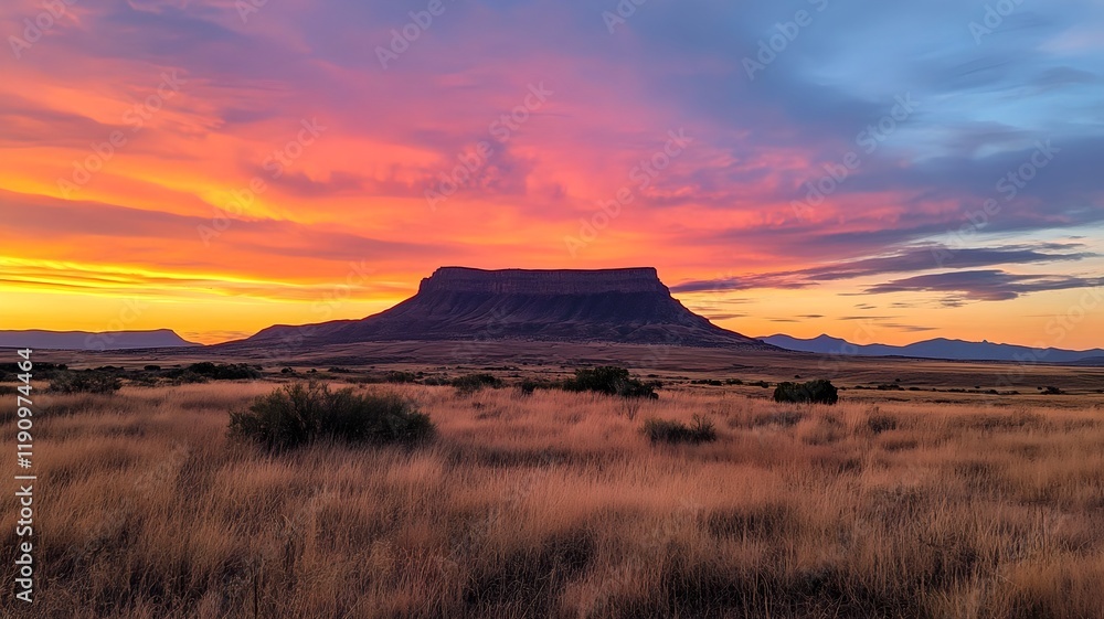 Obraz premium Breathtaking Sunset Over Majestic Desert Mountain Landscape with Vibrant Sky