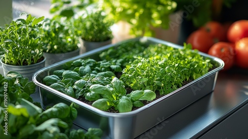 Fresh herbs and greens growing in containers on a sunny kitchen countertop du...