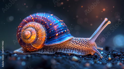 snail with full color shell on black background photo