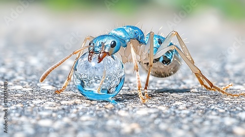 Blue Ant Carrying Water Droplet Macro Photography photo