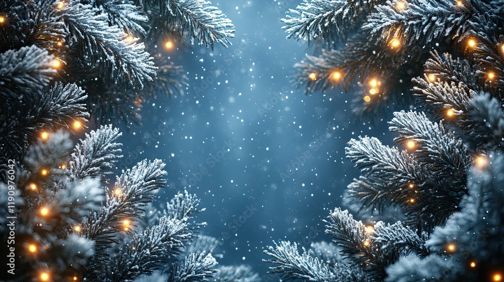 Snowy Christmas background with fir tree branches and a light garland, leaving room in the center for seasonal text Snowy Christmas background with fir tree branches and a light garland, leaving room in the center for seasonal text