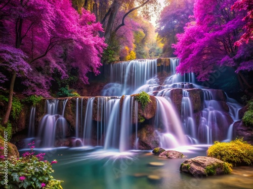Purple Waterfall Serenity: Mystical Cascade Through Vibrant Foliage