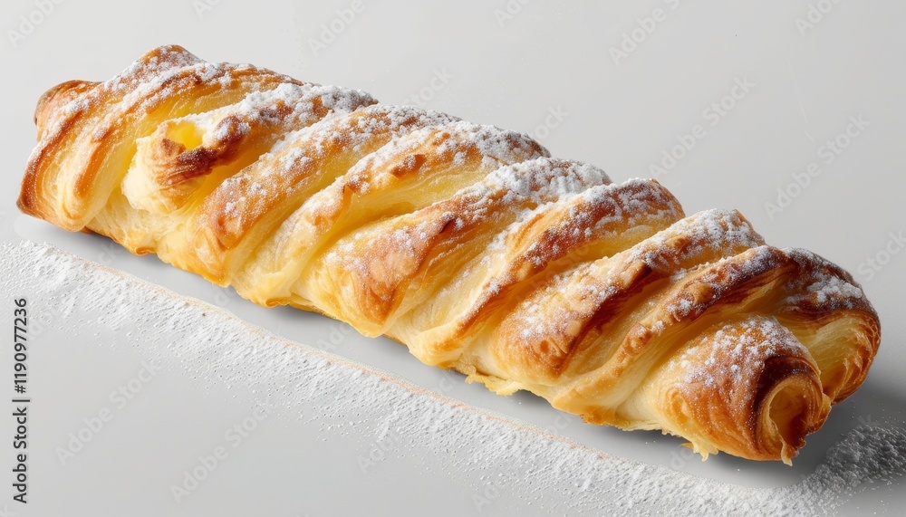 Fototapeta premium A flaky pastry filled with custard, dusted with powdered sugar.