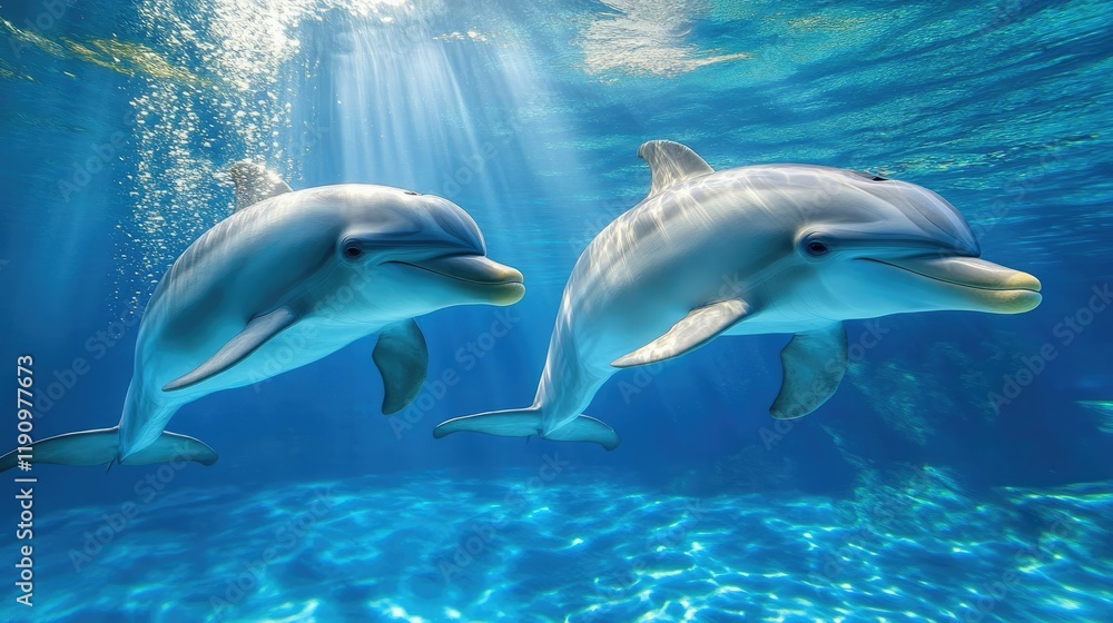 Fototapeta premium Two dolphins swimming in clear blue ocean water with sunlight streaming through the surface