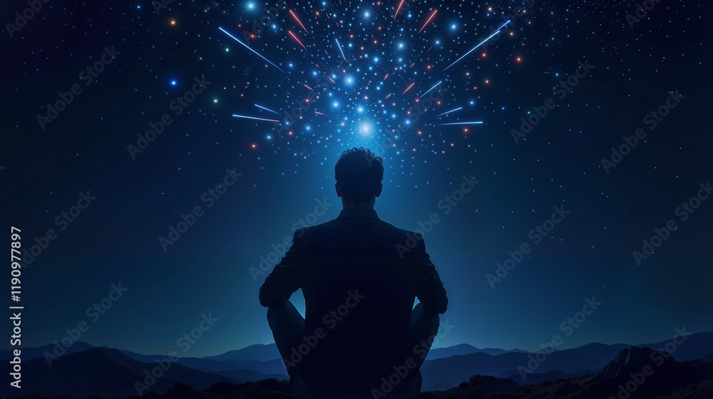 Man sitting under a starry sky contemplating the universe and its mysteries at night Man sitting under a starry sky contemplating the universe and its mysteries at night