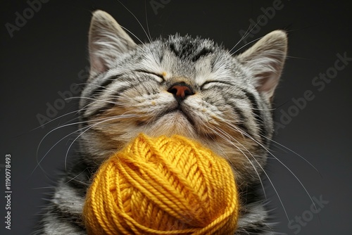 Charming metis cat with gray and white fur playfully biting a ball of thread in studio setting photo