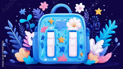 A Blue Backpack Adorned with Flowers and Stars on a Dark Background photo